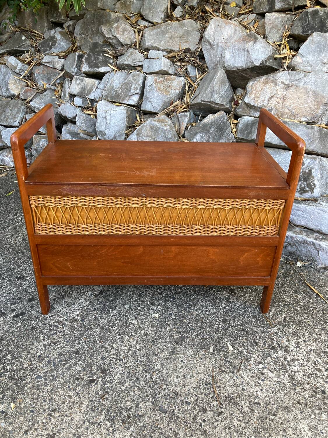 Vintage wood and rattan chest bench