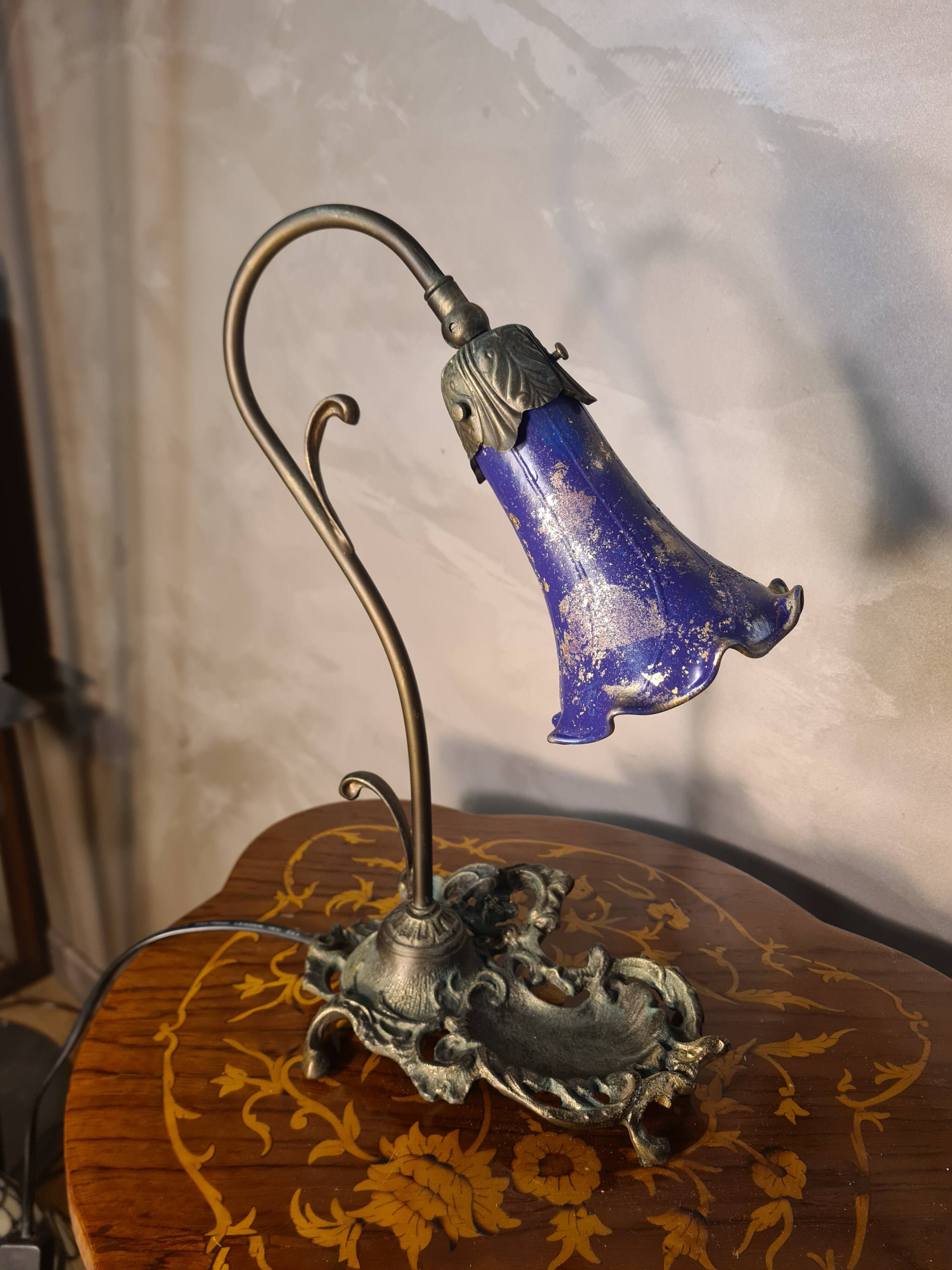 bronze patinated cast iron lamp with painted shade 38x24 art nouveau style