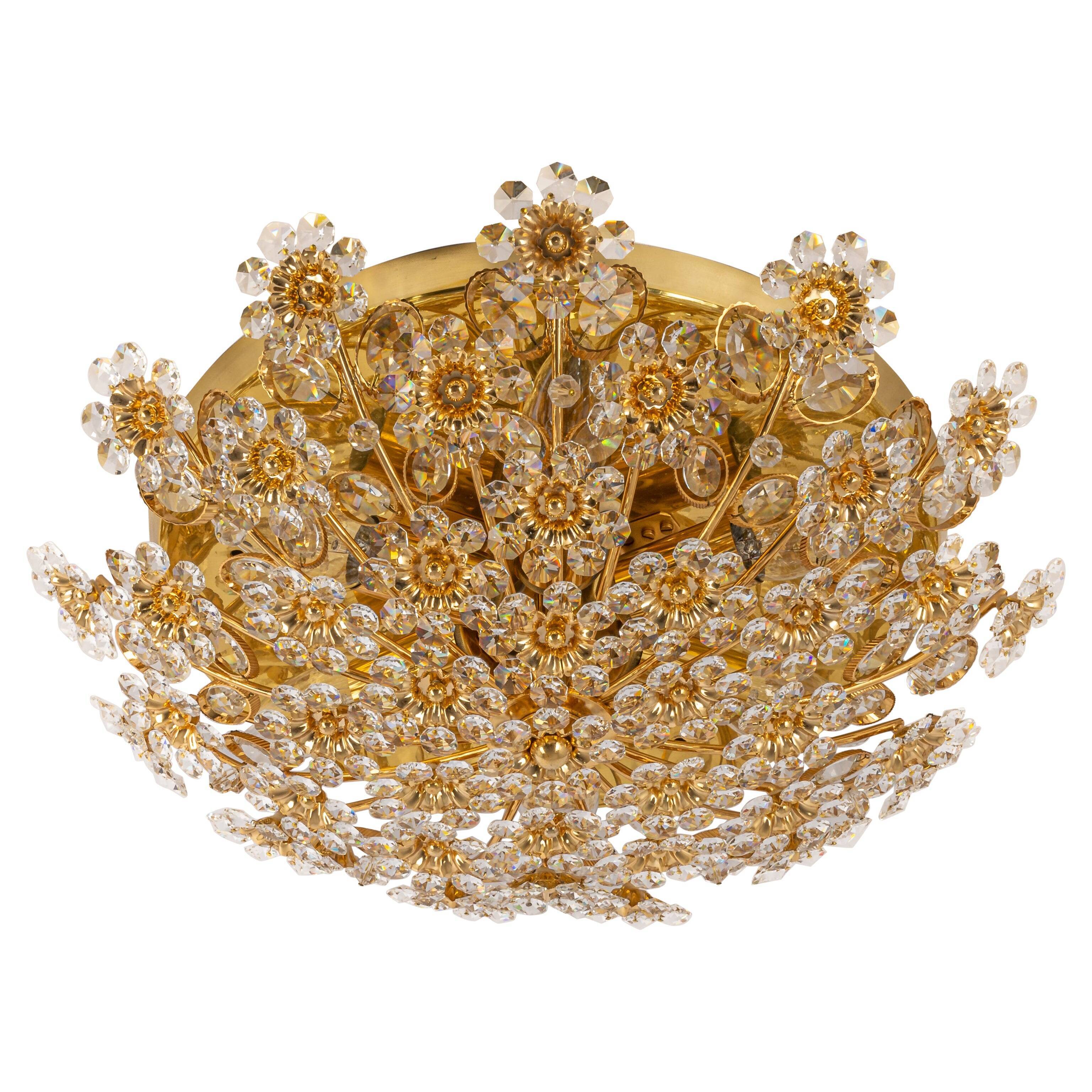 Brass ceiling light with cut glass flowers by Palwa, Germany, 1970s.