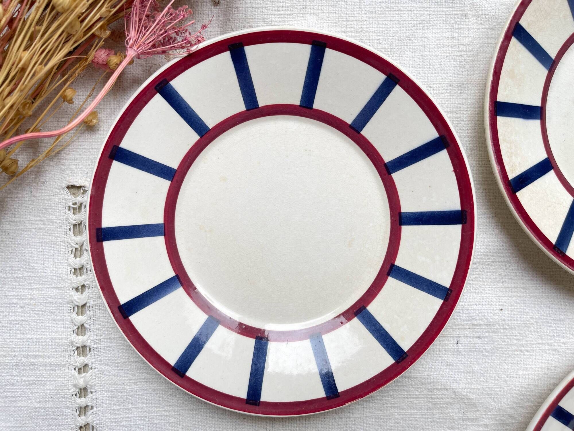 5 Small Vintage French Plates Terre de Fer HBCM Béarn blue and red stripes