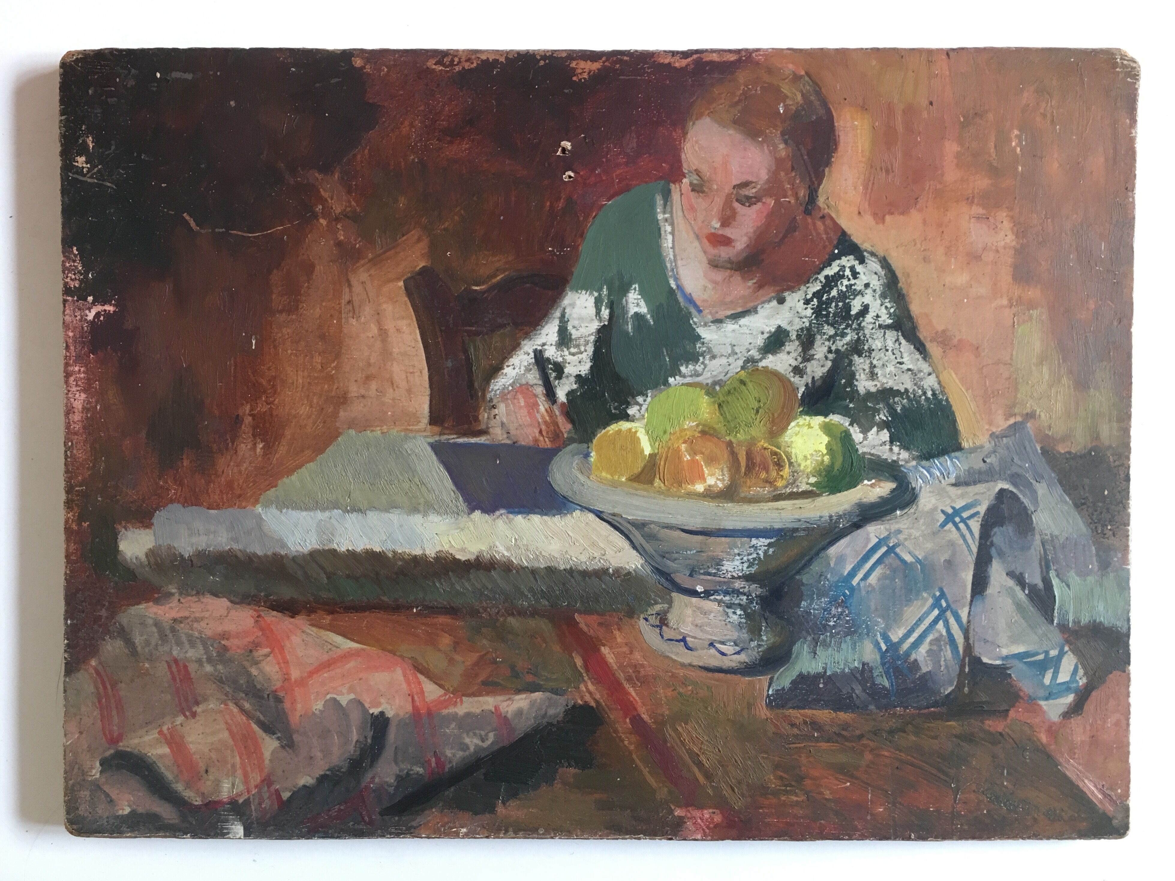 Interior scene "Seamstress at the kitchen table", oil on wood 50s