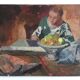 Interior scene "Seamstress at the kitchen table" oil on wood 50s