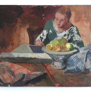 Scène d'intérieur "Couturière à la table de la cuisine" huile sur bois 50s
