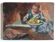 Interior scene "Seamstress at the kitchen table" oil on wood 50s