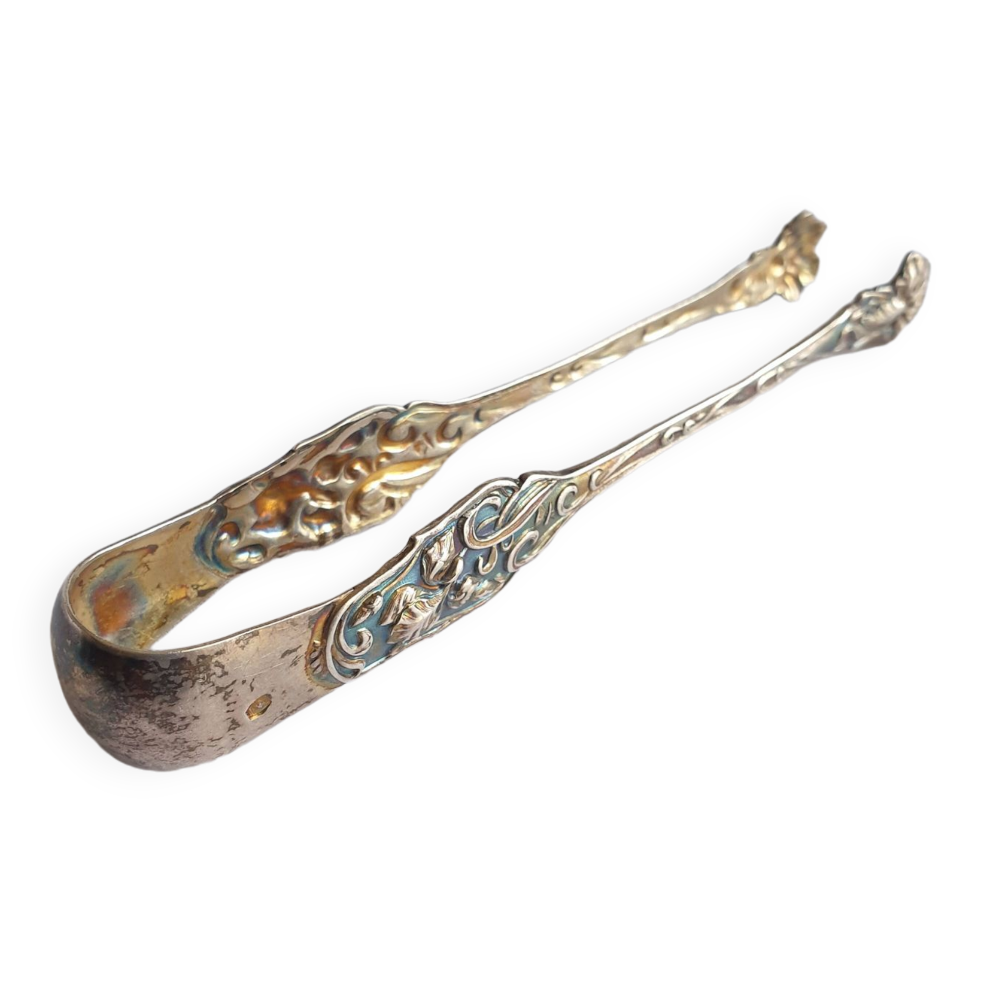 Art Nouveau sugar tongs in solid silver and vermeil
