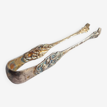 Art Nouveau sugar tongs in solid silver and vermeil