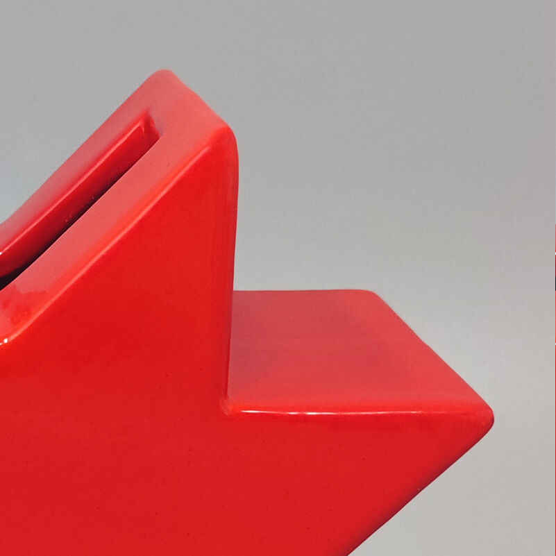 1980s red vase "hsing" by ettore sottsass. made in italy