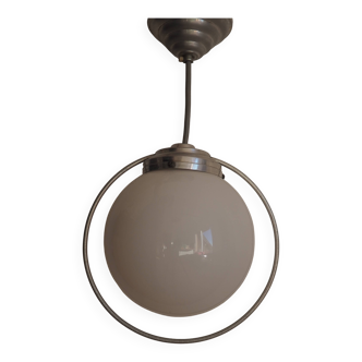 Opaline sphere and metal circle chandelier