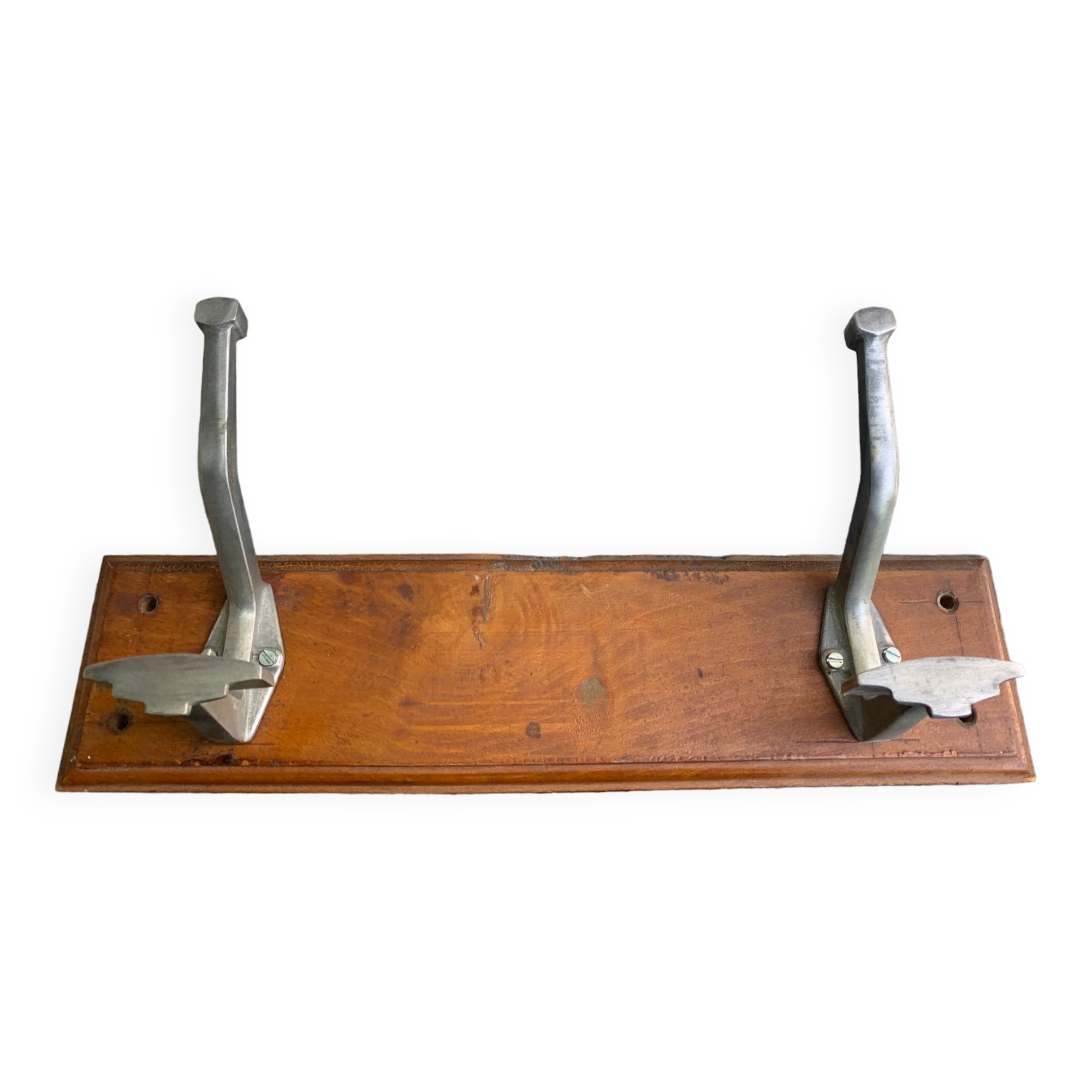 Wall coat rack two old metal hooks on vintage varnished wood