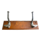 Wall coat rack two old metal hooks on vintage varnished wood