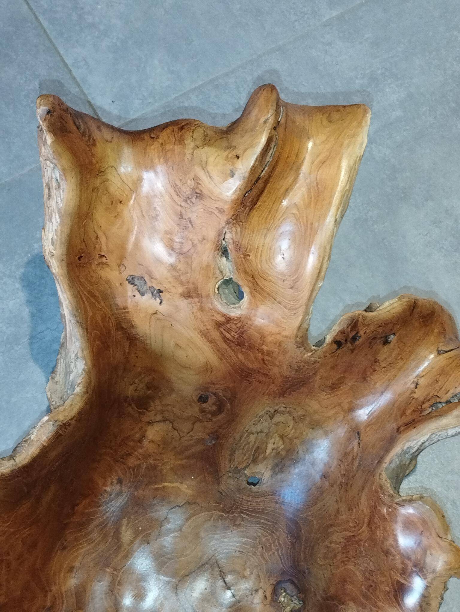 Sculptural wooden centrepiece, organic bowl, brutalist.