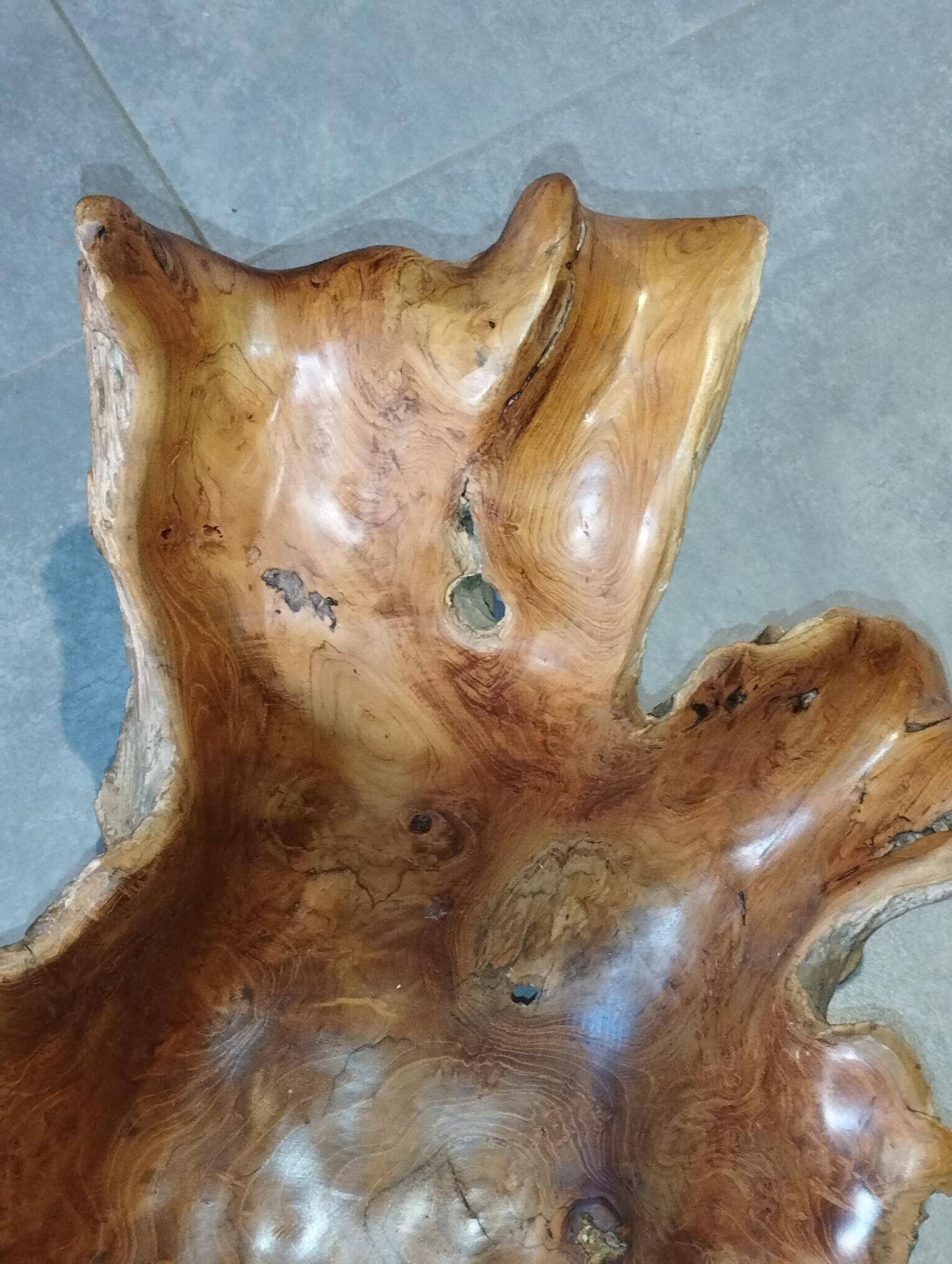 Sculptural wooden centrepiece, organic bowl, brutalist.