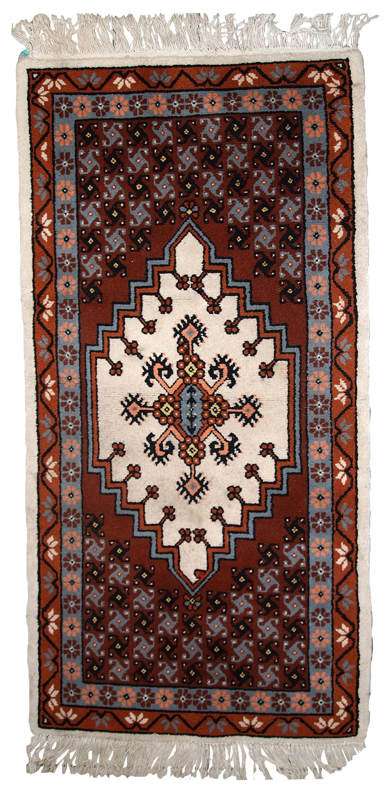 Tapis vintage fait main Berbère en laine bordeaux et blanc (81cm x 170cm)