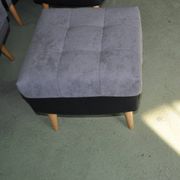 Set of 2 mid-century grey and black ottomans in fabric and eco-leather, wooden legs.