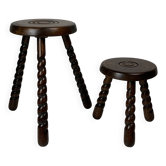 Paire de 2 tabourets en bois tourné brutalistes modernistes des années 1950.