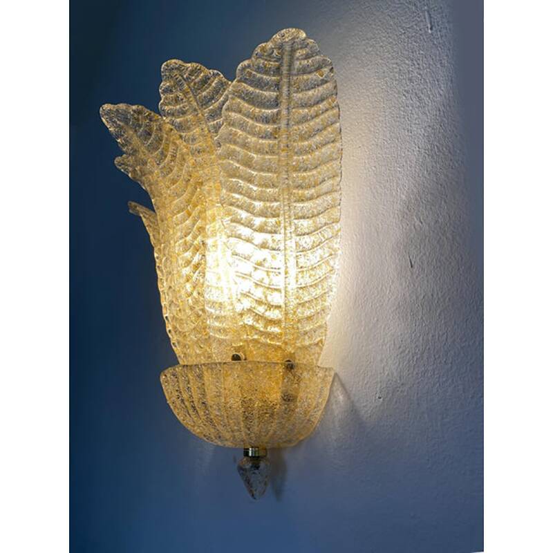 Set of Two Transparent and Gold Graniglia “Leaf” Murano Glass Wall Sconces