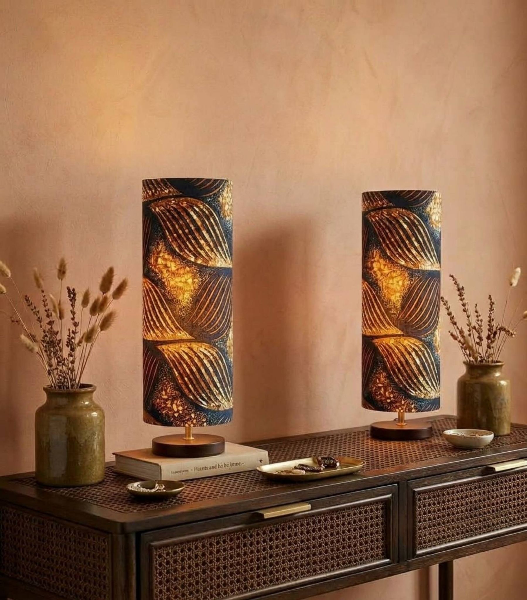 Tube lamp with wooden base and wax boho-ethnic fabric