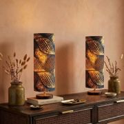 Tube lamp with wooden base and wax boho-ethnic fabric