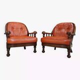 Pair of 60s armchairs in leather and wood