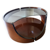Italian Space Age coffee table in curved wood and smoked glass – 1970s