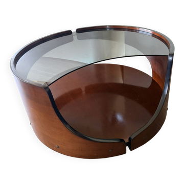 Italian Space Age coffee table in curved wood and smoked glass – 1970s