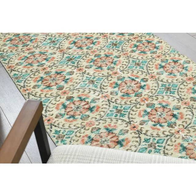 1970s vintage Turkish Oushak handmade wool cotton beige runner rug 85x270