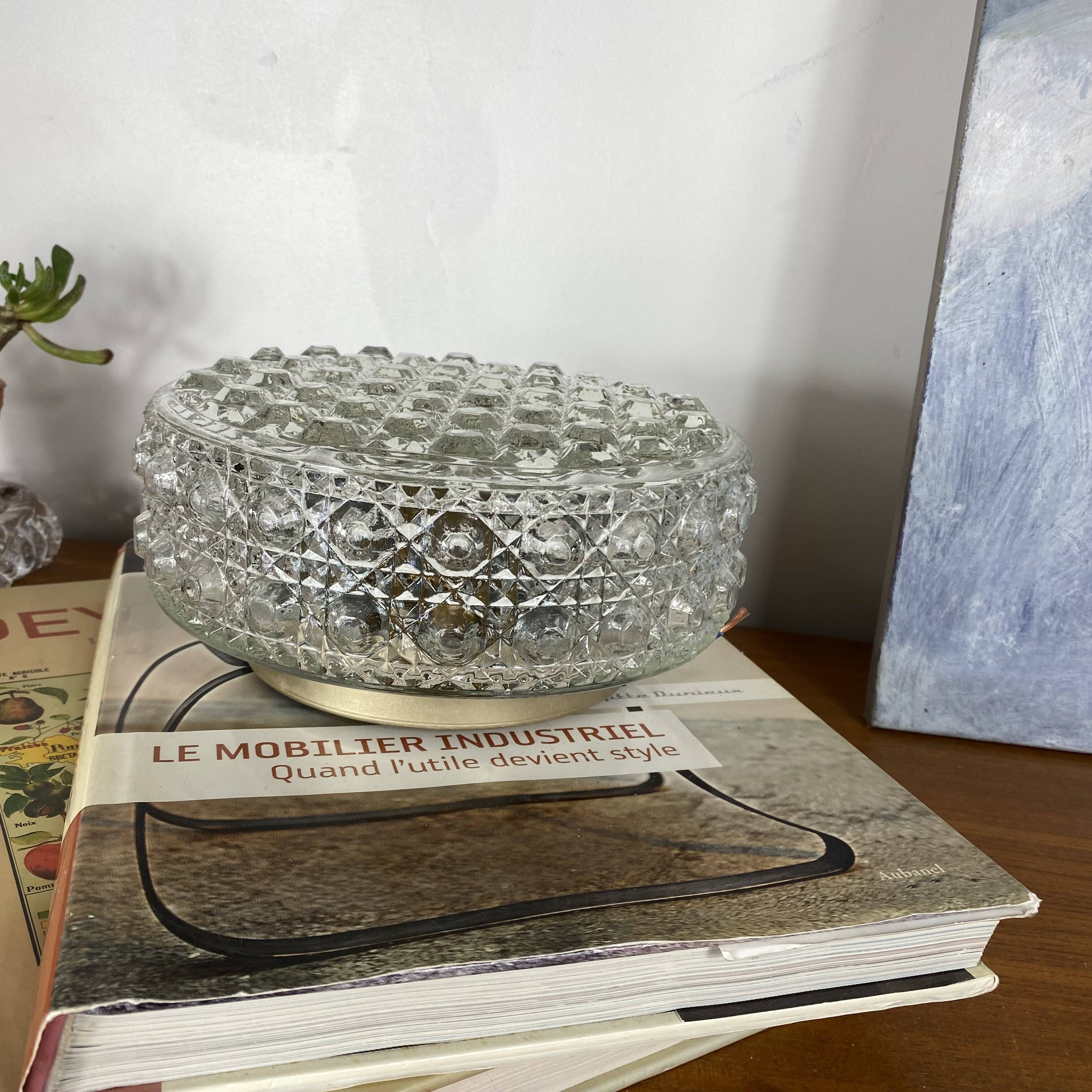 Round wall light ceiling fixture in glass with diamond points vintage 1970s
