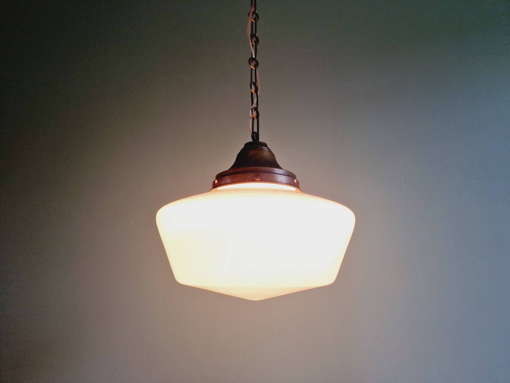 Large Art Deco pendant light in conical white opaline, 1920s-30s