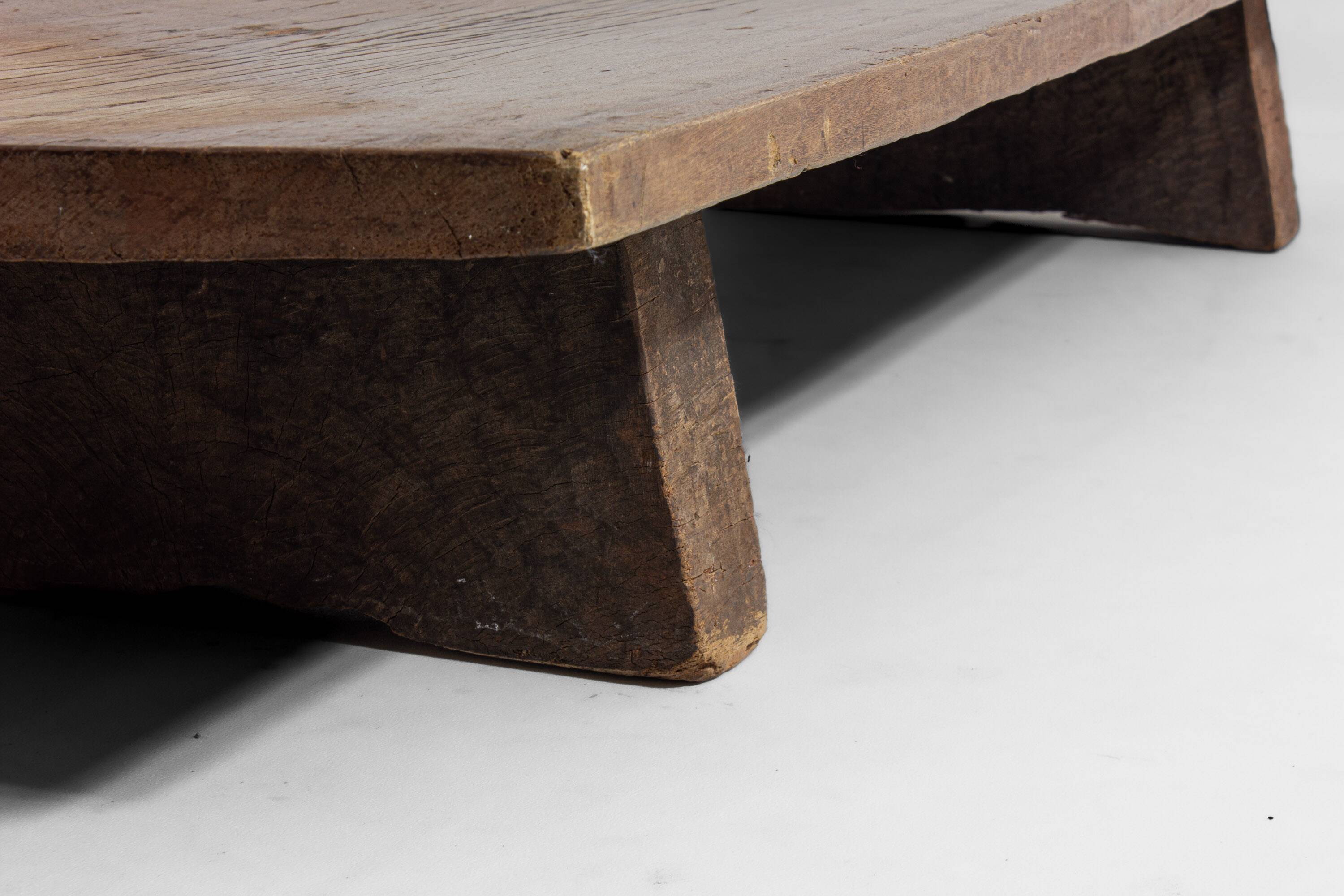 Rustic wabi sabi brutalist coffee table from solid wood, 1900s France