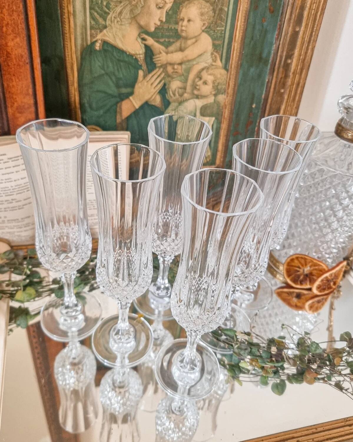 6 Champagne flutes, Arques crystal, Longchamp model