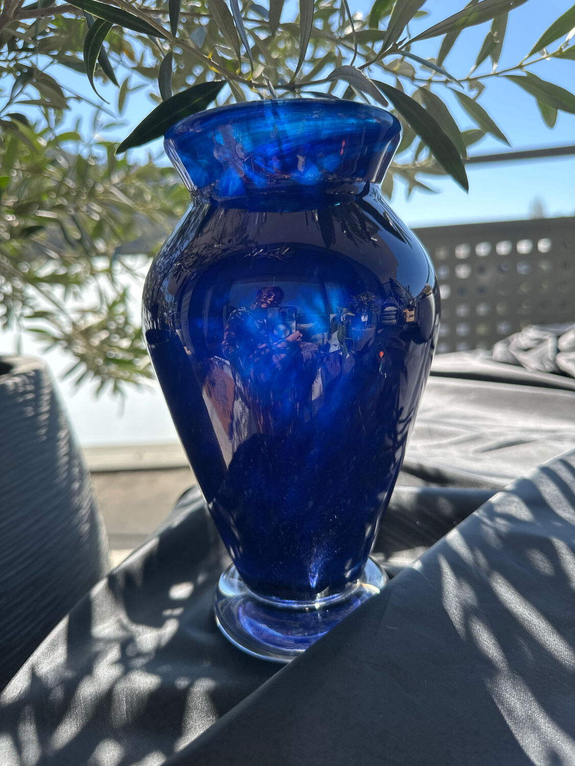 Cobalt blue glass vase, signed, glass art piece.