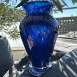 Cobalt blue glass vase, signed, glass art piece.