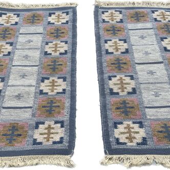2  Swedish wool rugs in blue, rollakan flat weave