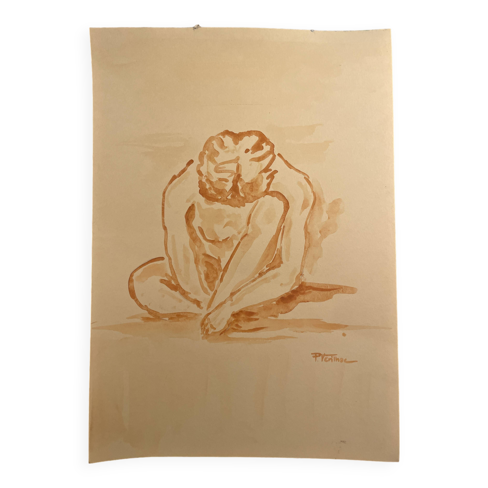 Signed painting monochrome watercolor female portrait "crouching study"