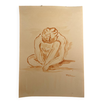 Signed painting monochrome watercolor female portrait "crouching study"