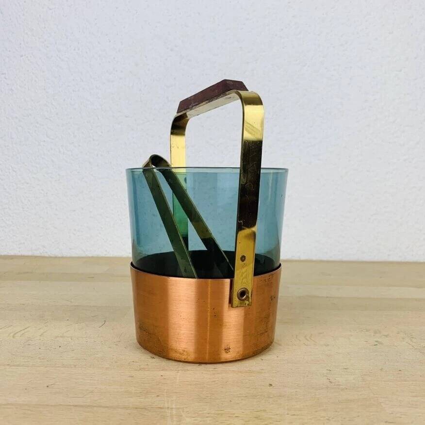 Scandinavian ice bucket in smoked glass and copper, vintage.