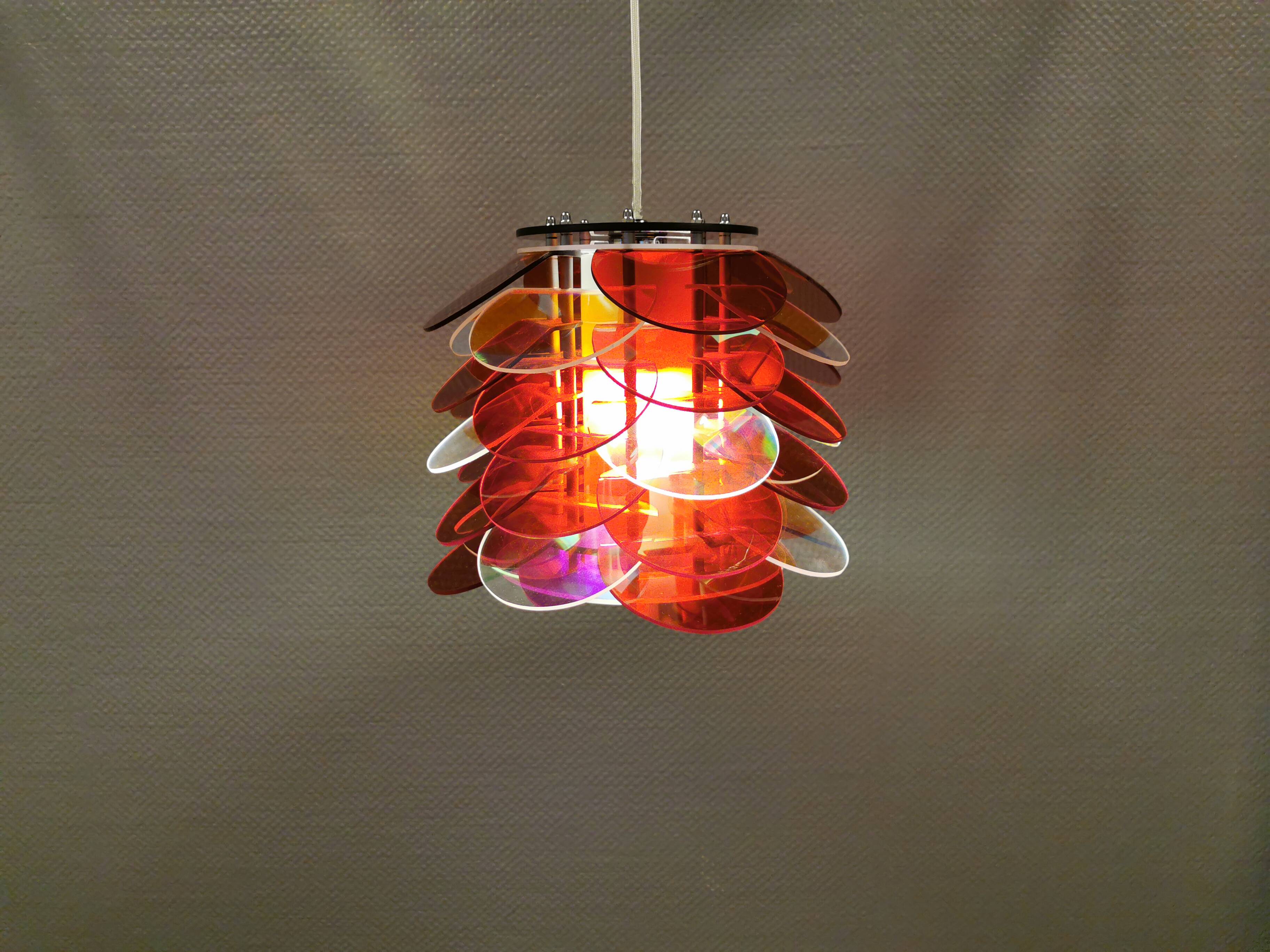 Danish Space Age hanging lamp made of plexiglass "leaves" with mirror reflex