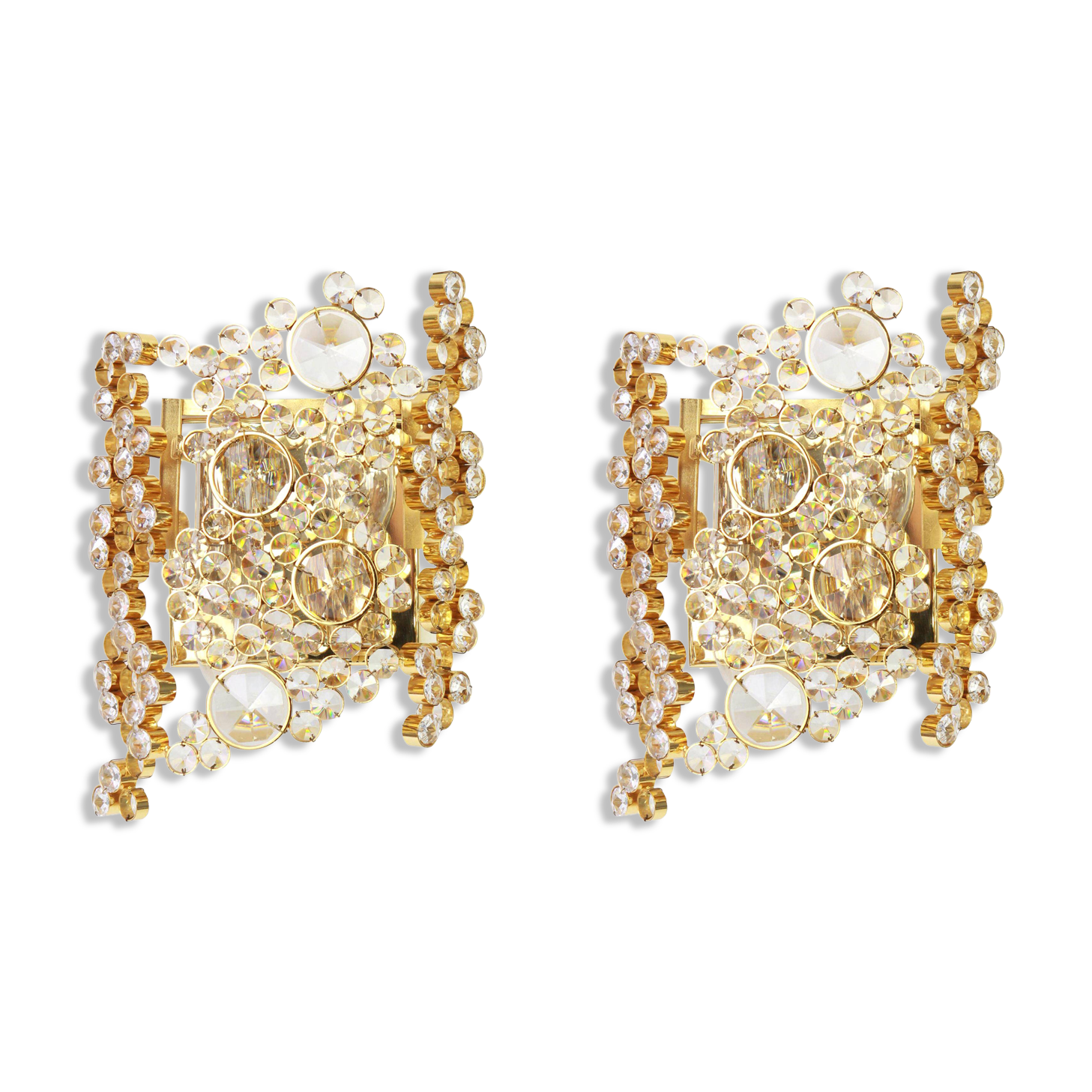 Pair of wall sconces in gilded brass and crystal by Palwa, Germany, 1960s.