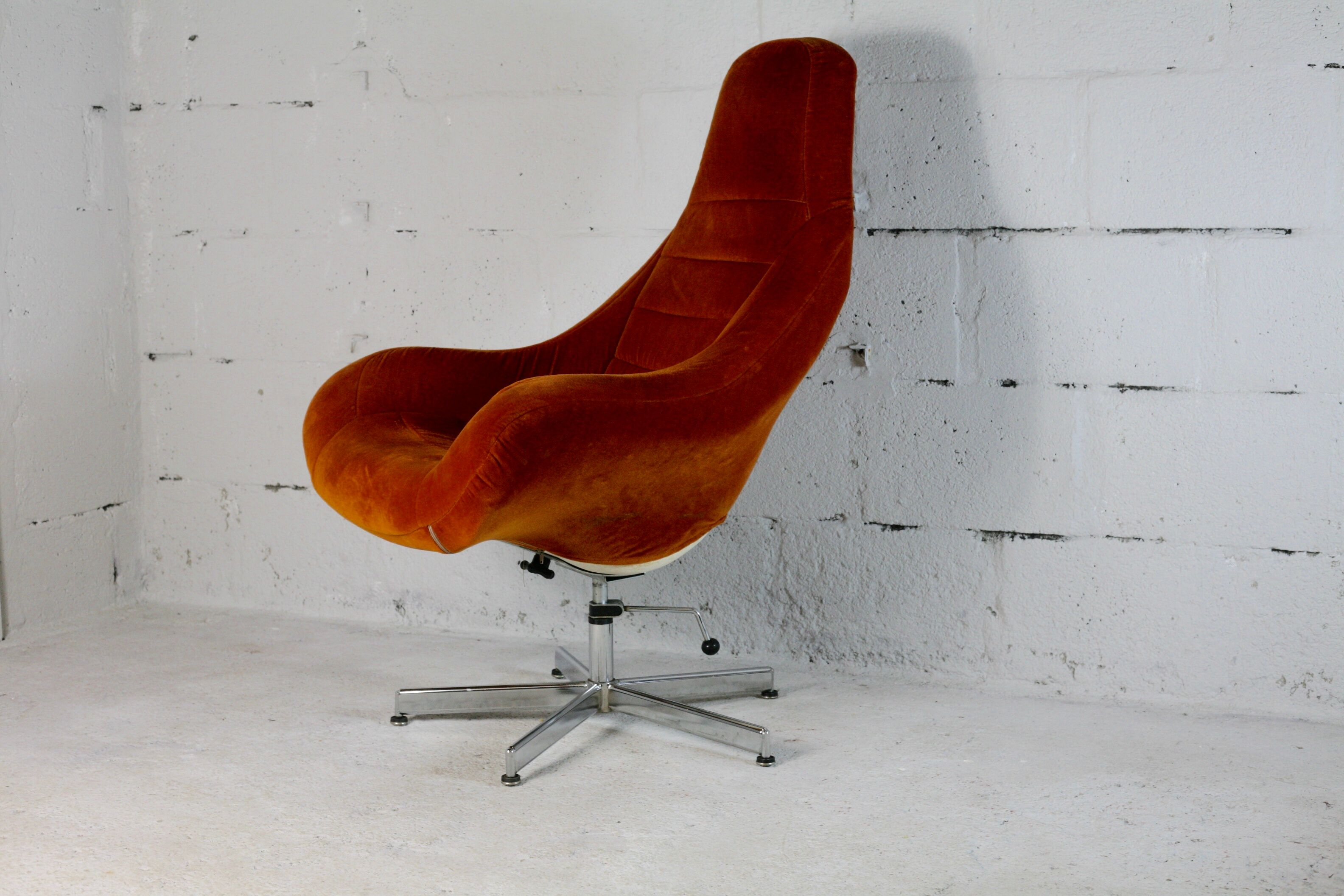Space age chair, fiberglass, orange velvet, circa 1970s