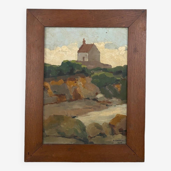 Huile sur carton par André Marait 1929 Roscoff La Chapelle Sainte Barbe