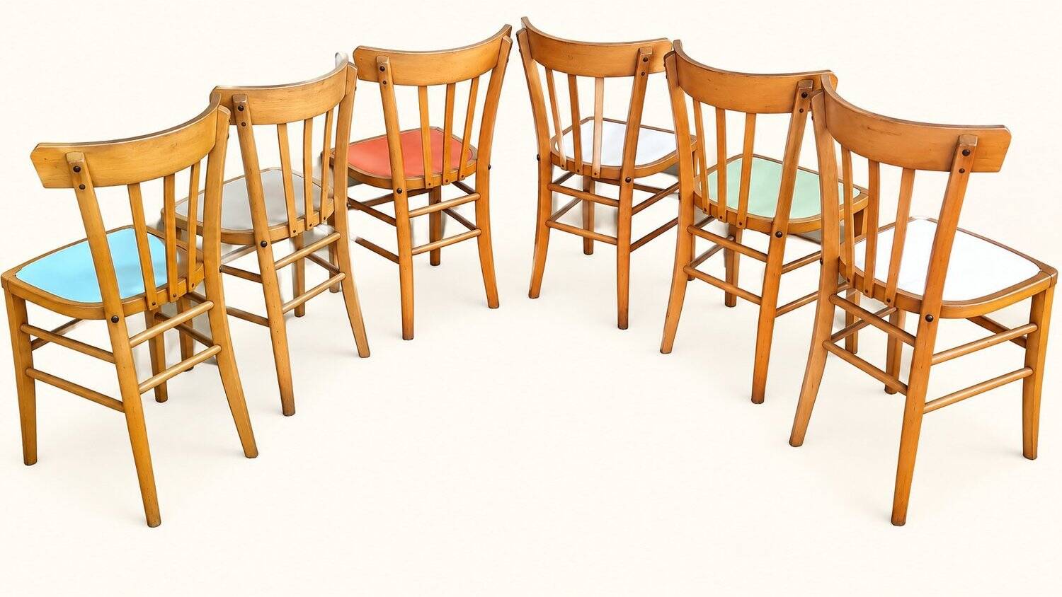 6 vintage bistro chairs from the 1950s, beech wood, repainted mismatched seats.