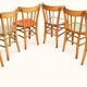 6 vintage bistro chairs from the 1950s, beech wood, repainted mismatched seats.