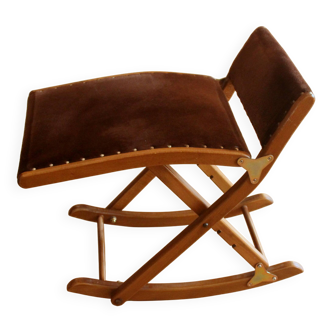 Rocking foot stool made of wood, fabric and metal 3-way adjustable Vintage
