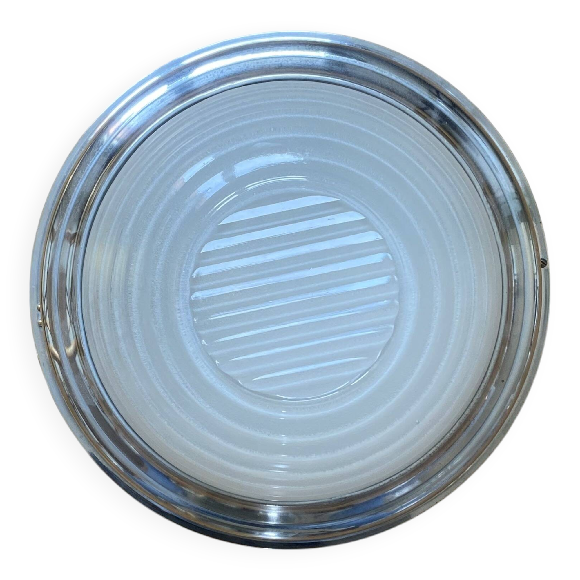 Thick glass ceiling light fixture with a chrome metal support, Holophane type.