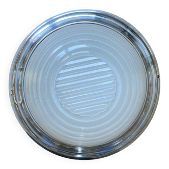 Thick glass ceiling light fixture with a chrome metal support, Holophane type.