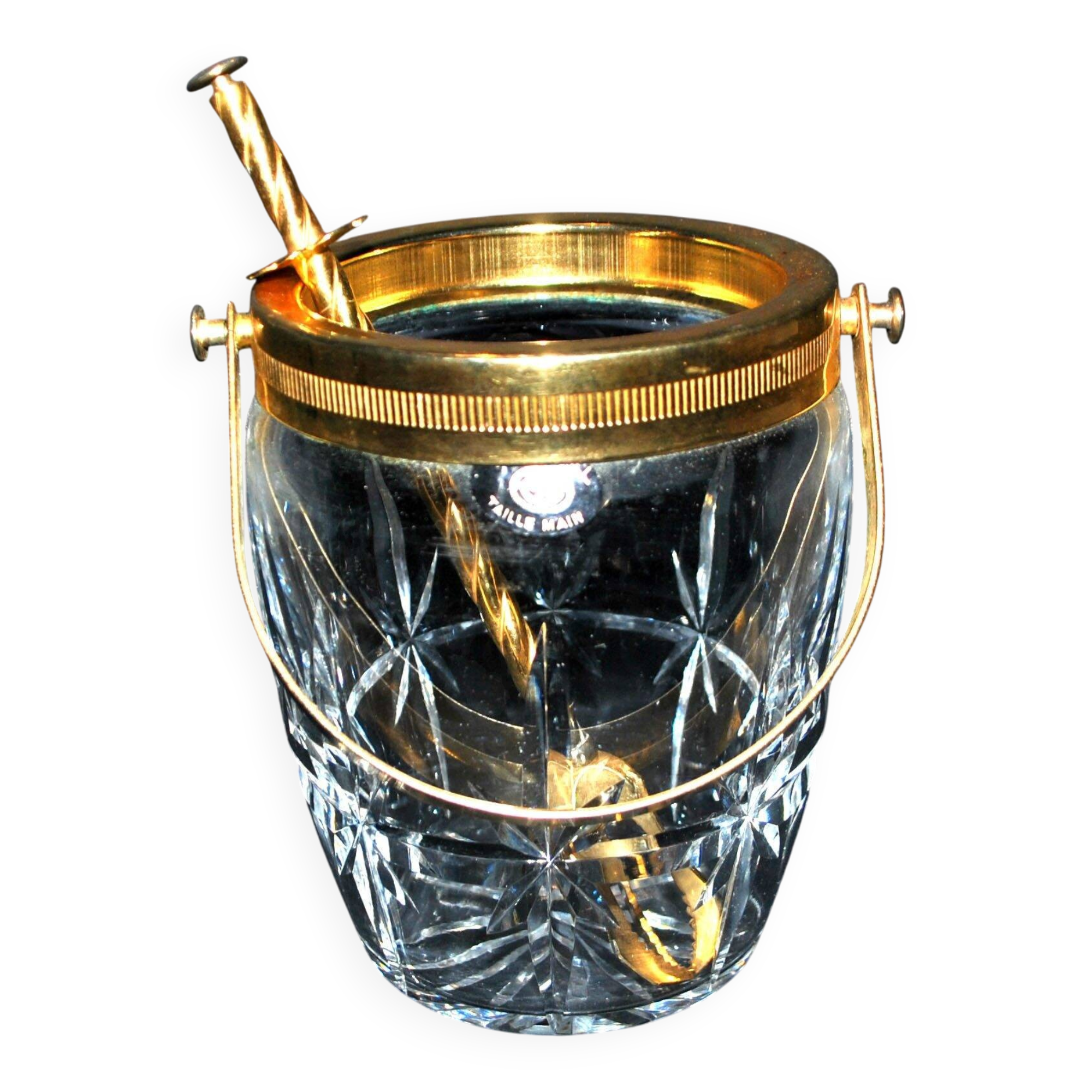 Vintage gold cut crystal ice bucket - ice cube pot + tongs CRISTAL AG