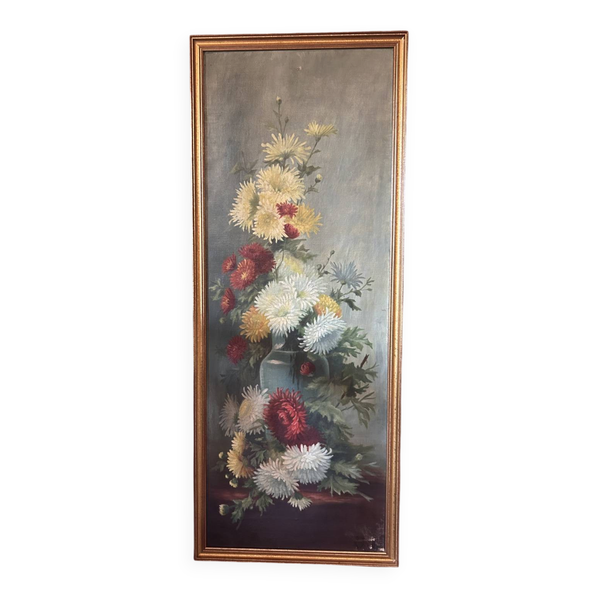 Large antique painting – Oil on canvas signed with chrysanthemums – Period 1900 – Decorative softness