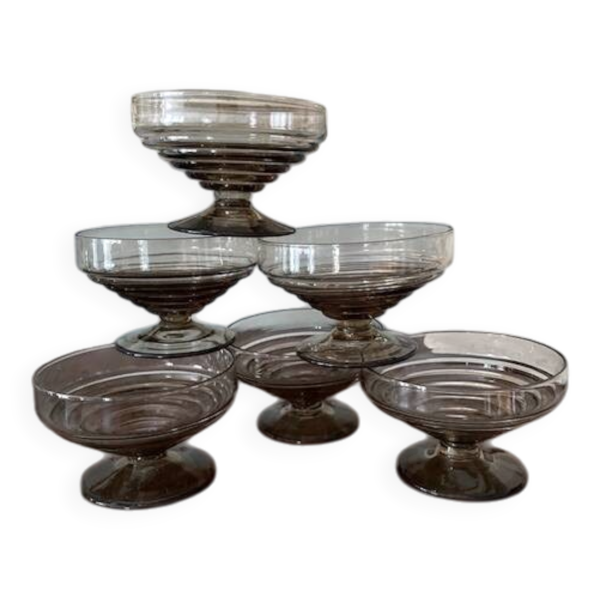 6 vintage glass ice cream or fruit cups or trou normand in blown brown glass.