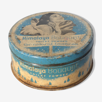 Boite publicitaire métal ronde indienne Himalaya Toilet Powder bleu Inde