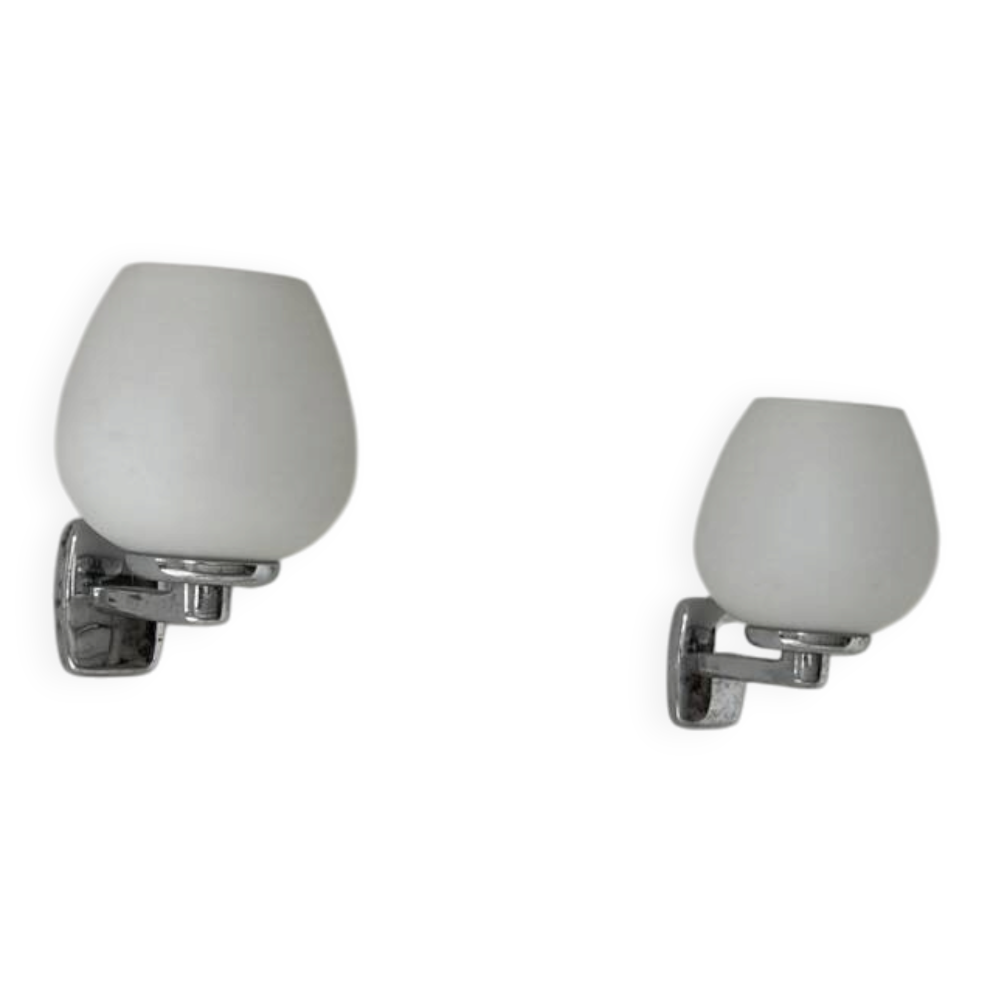 Pair of vintage opaline and chrome metal wall lights, France, 1970.